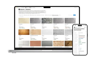 Laptop und Smartphone zeigen eine Materialdatenbank mit Bildern und Eigenschaften verschiedener Baustoffe.