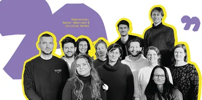 Gruppe von elf Personen vor lila Hintergrund mit gelber Umrandung,